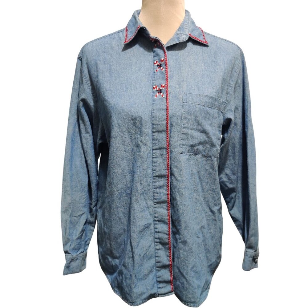 Vintage Belle Pointe M Denim Button Shirt Holiday Embroidered Candy Cane Trim